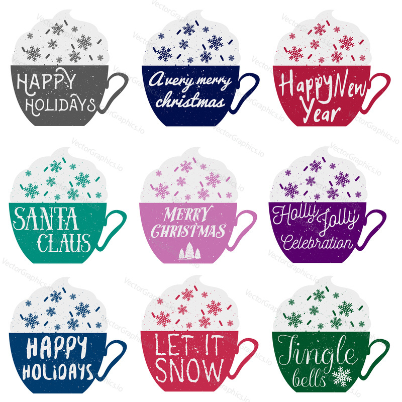 Christmas greeting card template design. A black coffee cup with typographic design and whipped cream with golden sprinkles.