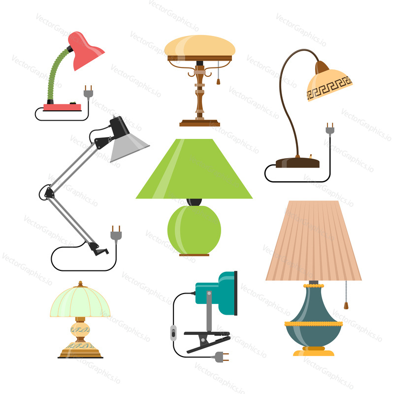 Vector set of home lamps. House light and table lamps. Design elements in flat style and icons isolated on white background.