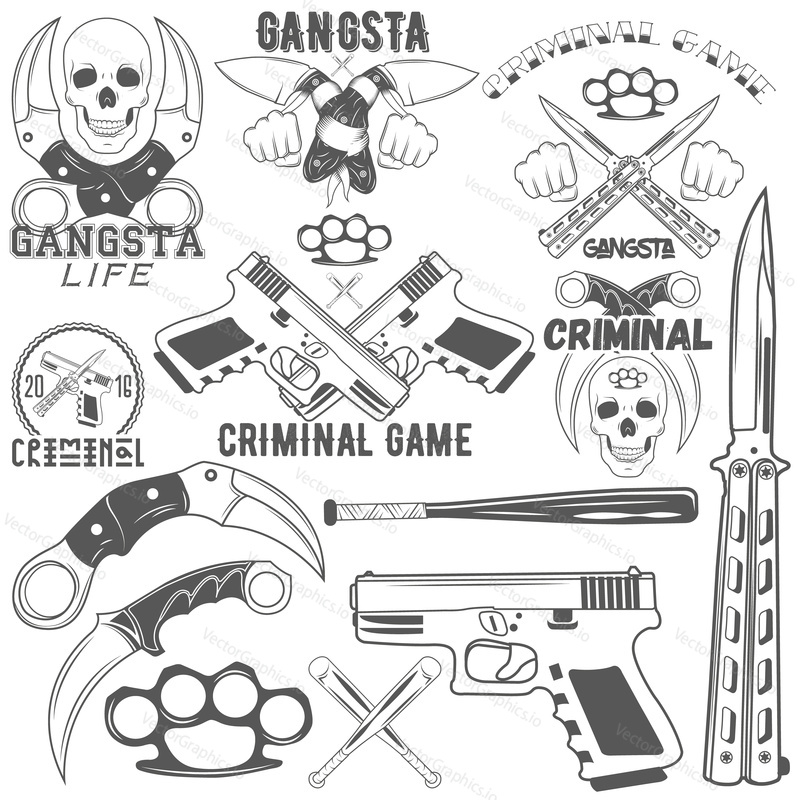 Set of agressive gang and criminal logotypes. Skulls, crossed knives and pistols, baseball bats, brass knuckles, sample text. Flat graphic style vector image.