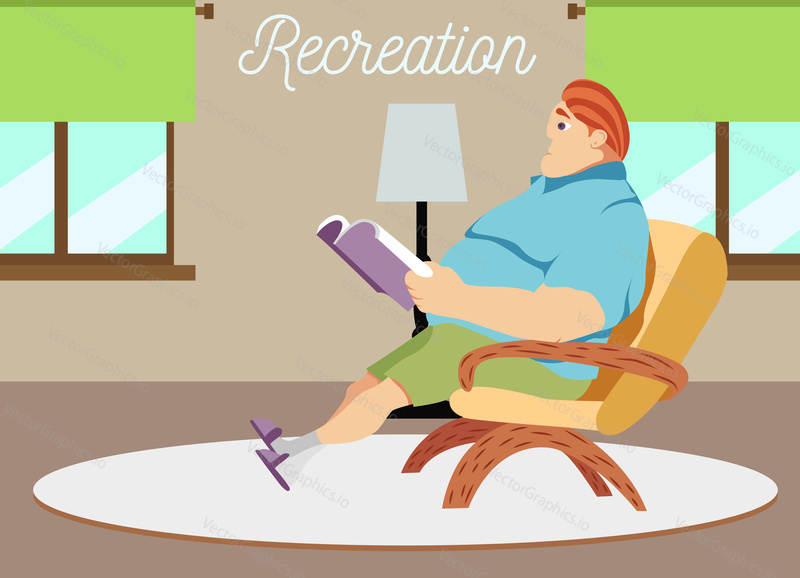 Vector illustration of dad sitting in an armchair, reading a book, having rest. Recreation lettering. Comic cartoon character.