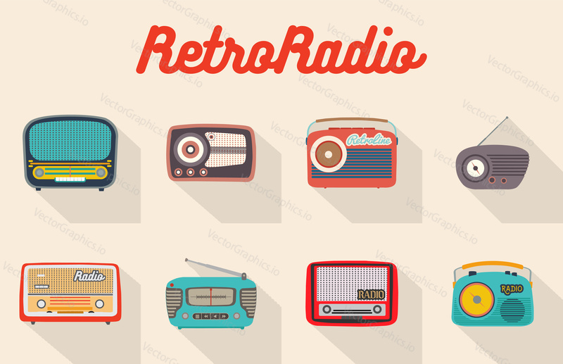 Set of eight colorful isolated retro radios. Big and small vintage looking analog recievers. Flat style vector illustration.