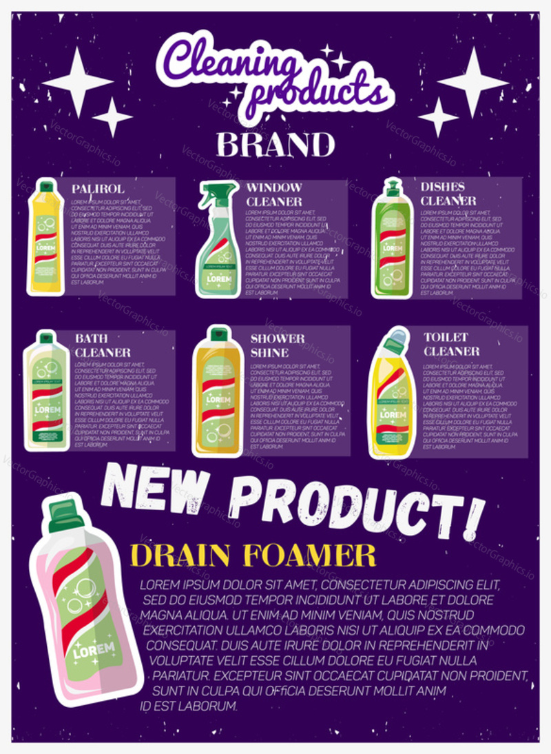 Vertical banner advertising new cleaning products. Bottles with bath, shower, toilet, window and dish cleaner, sample text. Cartoon style vector illustration.