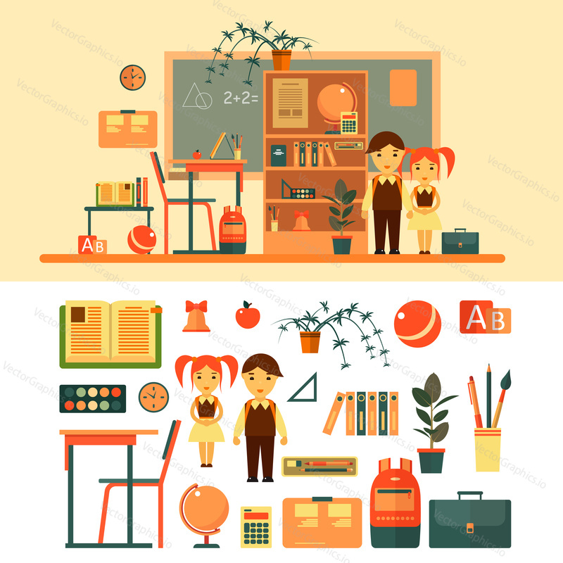 Vector set of school related objects isolated on white background. School icons in flat style, books, pupils, blackboard, shelf, pen, school desk. School classroom with chalkboard and desk.