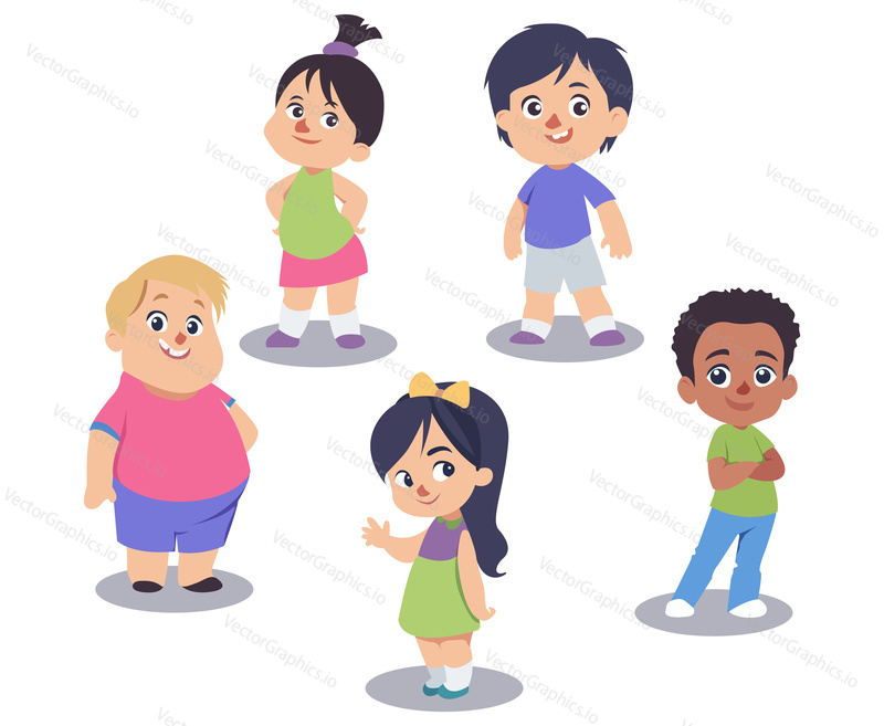 Vector illustration of different nationalities kinds. Cartoon characters. Smiling, joyful boys and girls. Set of children icons