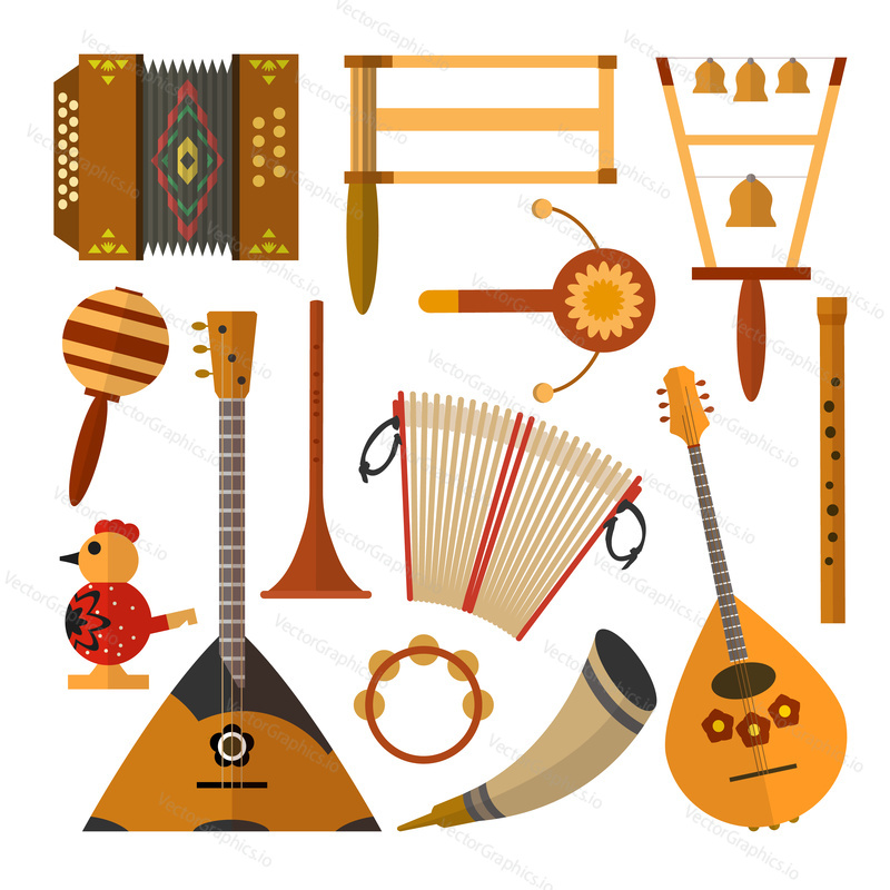 Vector set of Russian folk music instruments. Flat style design elements, icons isolated on white background.