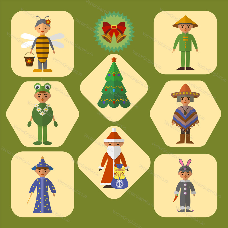 Vector set of cute cartoon kids wearing new year costumes. Flat style design elements, icons.