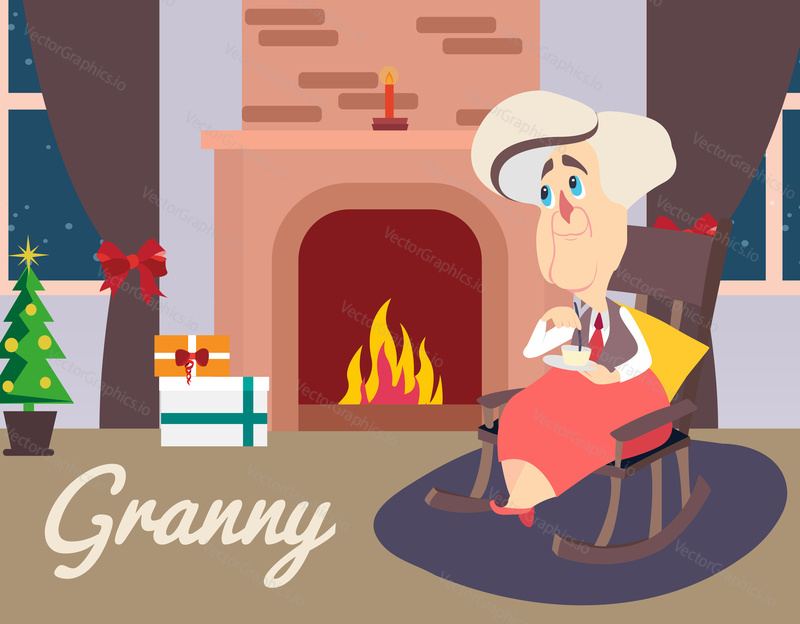 Vector illustration of grandmother sitting in armchair near fireplace. Granny lettering. Comic cartoon character.