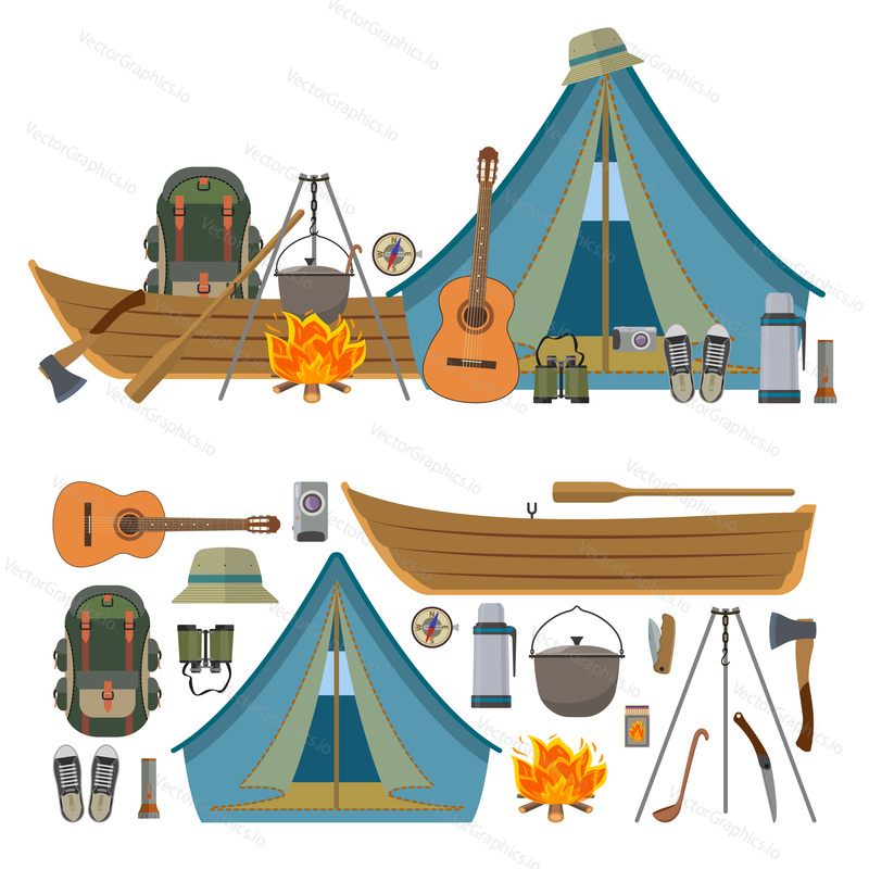 Vector set of camping objects and tools isolated on white background. Camp equipment icons, tourist tent, boat, backpack, fire, guitar.