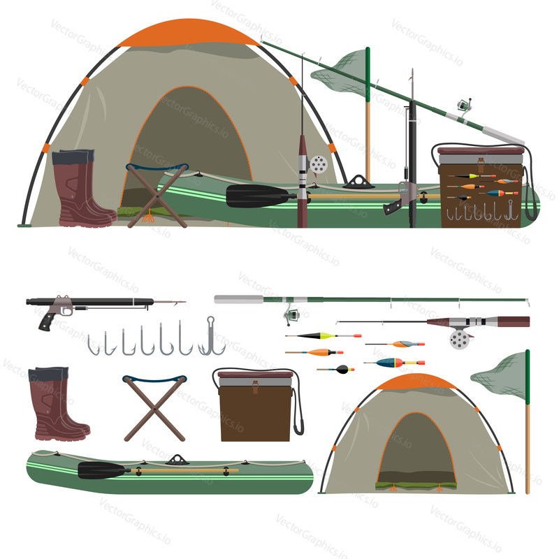 Vector set of fishing objects isolated on white background. Design elements and icons. Fishing rod, boat, tent, boots, hooks.