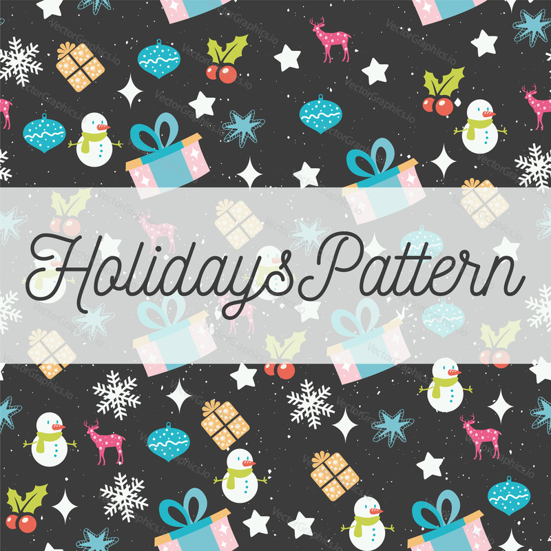 Vector Holidays seamless pattern with reindeers, gifts, snowmen, holly berries, balls, snowflakes, lettering. Decorative festive design element for Christmas greeting card, invitation, wrapping paper.