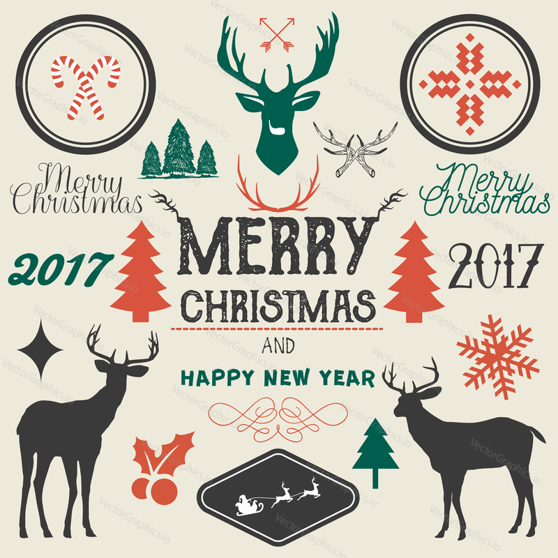 Vector hand drawn Merry Christmas and Happy New Year 2017 design elements isolated on white background. Ornament, candy cane, holly berries, deers, Santa Claus riding sleigh, fir-tree, lettering.