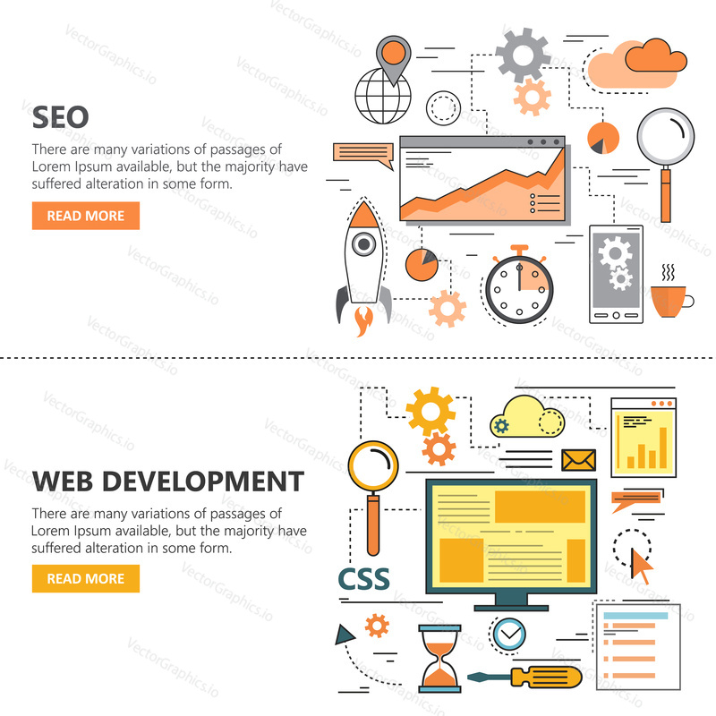 Search Engine Optimization and Web development flat thin line design banners. Vector concept elements and icons.