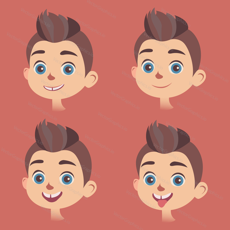 Vector set of little boys faces with different kinds of facial expressions. Smiling, calm, astonished faces, with sticking out tongue. Feelings and emotions concept design elements.