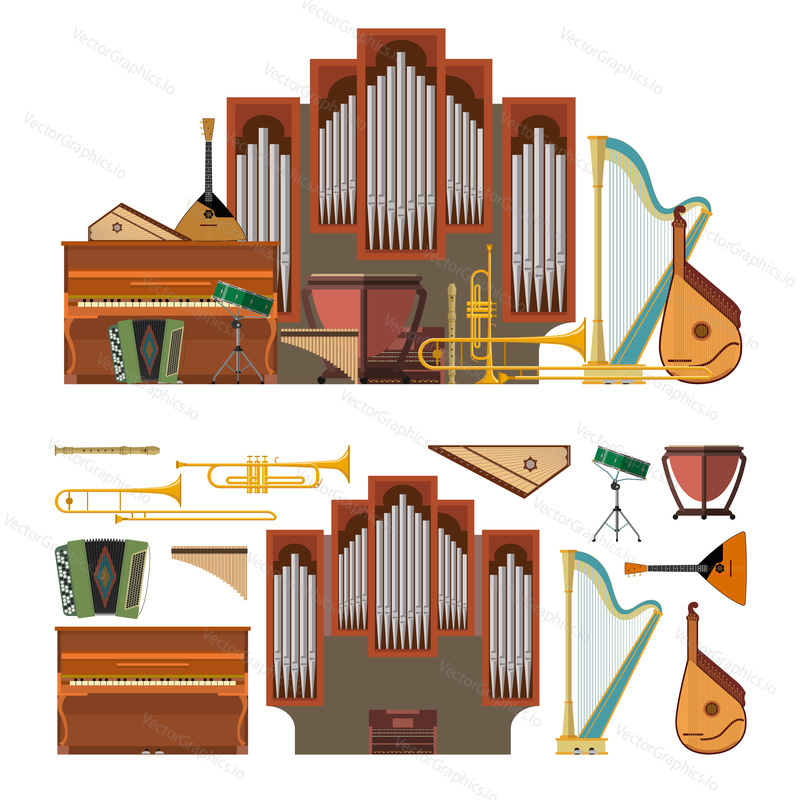 Vector set of musical instruments in flat style. Design elements and music icons isolated on white background.
