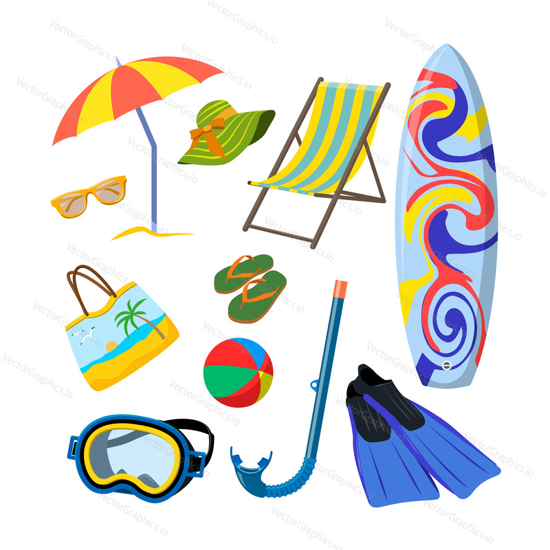 Vector set of summer objects isolated on white background. Design elements and icons in flat style. Beach vacation concept.