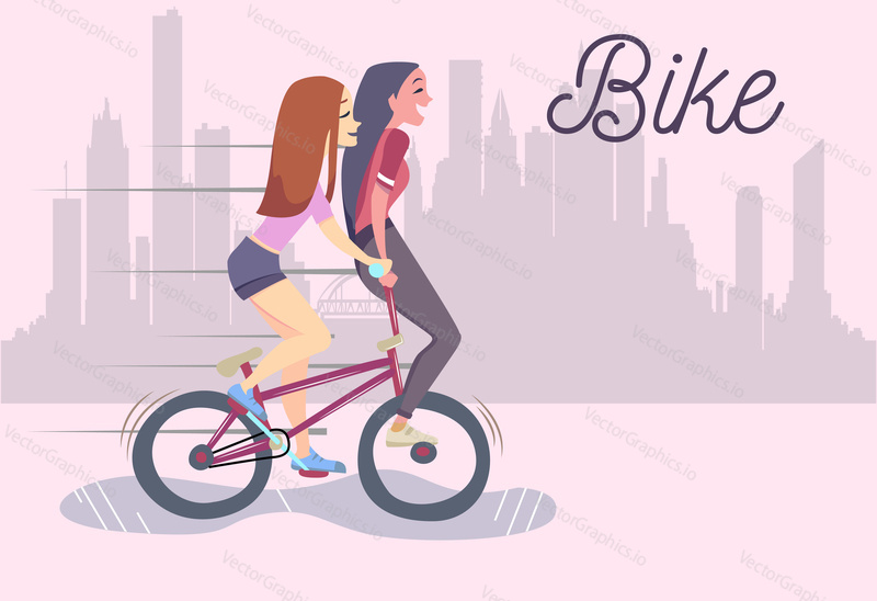 Vector illustration of two cute fashionable girls riding bike, urban background. Bike lettering.