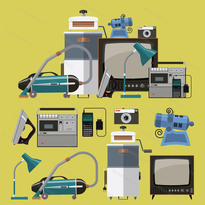 Vector set of retro household appliances icons. Flat style design elements.
