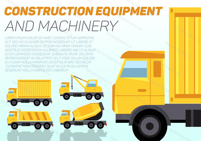 Web banner with construction machinery and sample text. Four trucks cargo container, crane, tipper and concrete mixer. Flat style vector illustration.