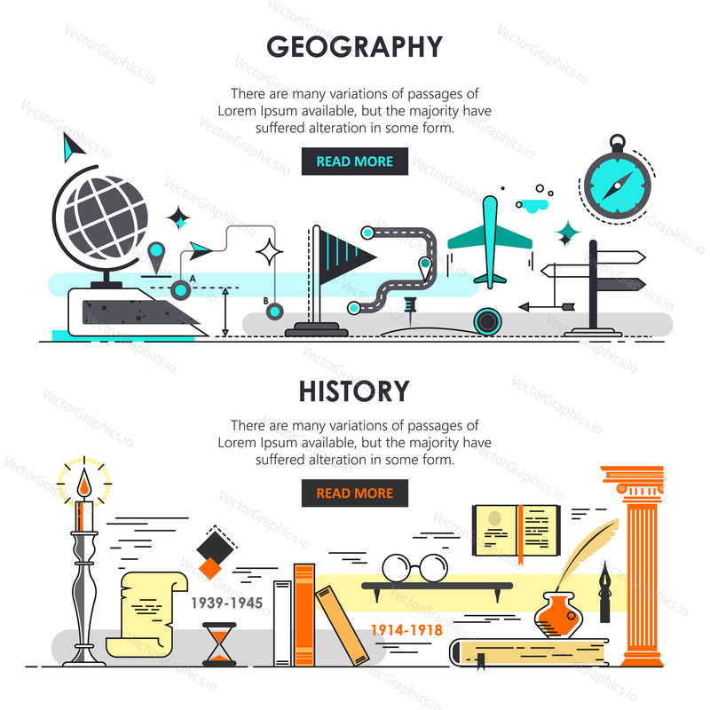 Vector set of history and geography banners. Modern thin line flat templates for educational promotional materials, presentation, print, education app.