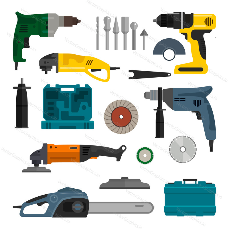 Vector set of power electric tools. Repair and construction working tools. Design elements and icons isolated on white background.
