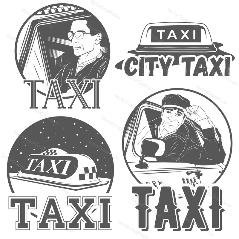 Set of four city taxi badges. Abstract car with driver, traditional taxy symbol, sample text. Graphic vintage style vector illustration.