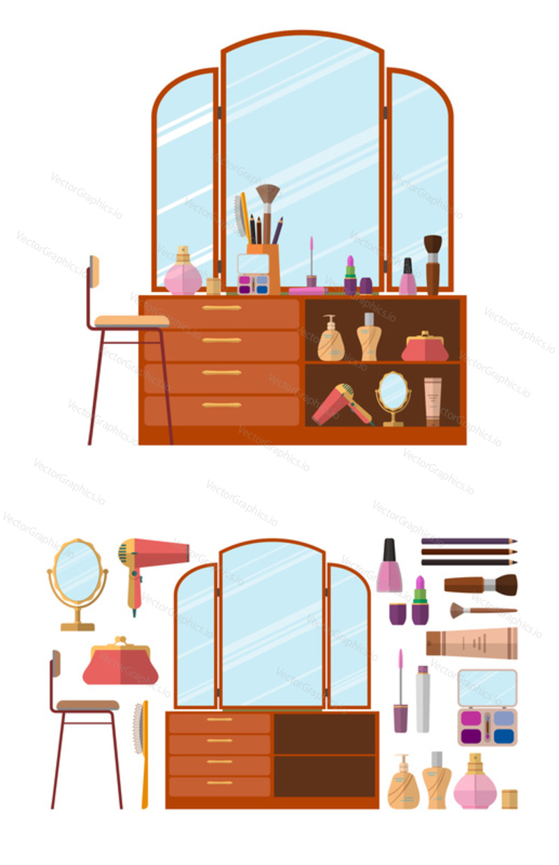 Room interior with dressing table. Woman cosmetics objects in flat style vector illustration. Furniture for female boudoir. Design elements and icons isolated on white background.