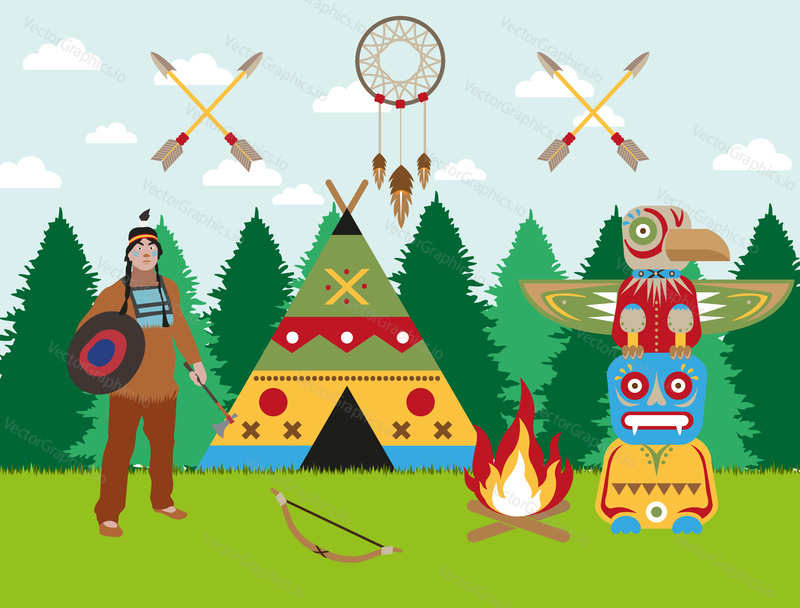Traditional american indian forest landscape warrior with shield, tomahawk and bow, wigwam, bonfire and totem. Indian symbols dreamcatcher and crossed arrows. Flat style vector image.