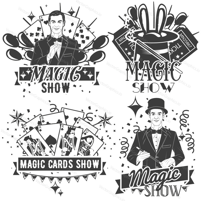 Vector set of magic show labels in vintage style isolated on white background. Cards tricks