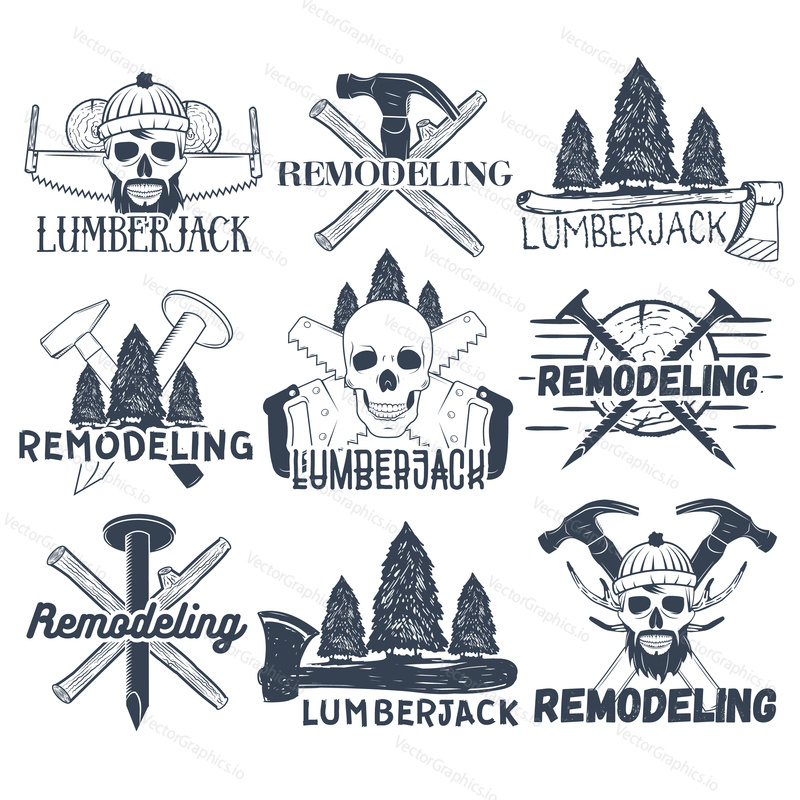 Set of lumberjack, carpenter and remodelers logotypes. Skulls, logs, crossed axes, hammers, saws and nails, sample text. Flat graphic style vector image.
