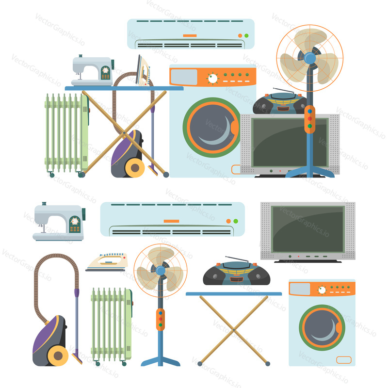 Vector set of home electronics objects isolated on white background. House appliances icons. Washing machine, vacuum cleaner, air-conditioner, tv, radiator, heater