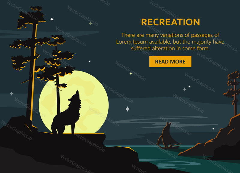 Vector recreation poster. Night seascape, moonlight background with wolf standing on rock. Flat style design illustration.
