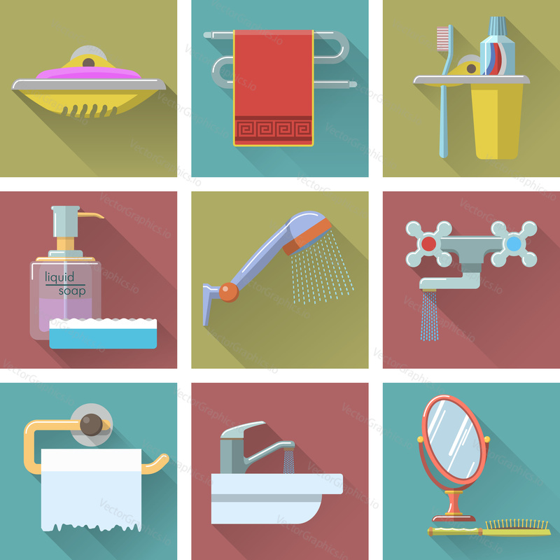Vector set of bathroom flat icons with long shadow.