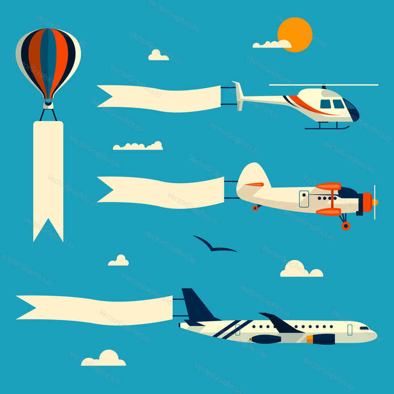 Vector set of flying balloon, helicopter, airplane and retro biplane with advertising banners. Template for text. Design elements in flat style.
