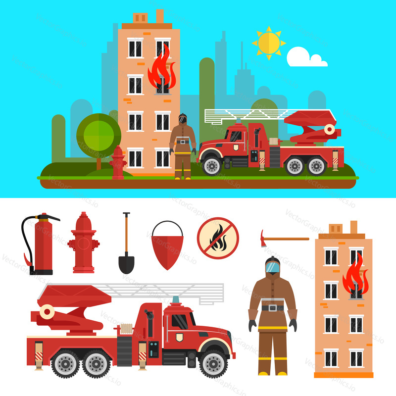 Fire fighting department objects isolated on white background. Fire station and firefighters. Design elements and icons in flat style.