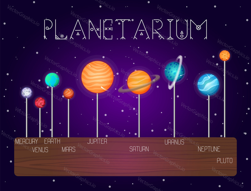 Vector set of solar system planets set in line in cartoon style. Outer space design elements and icons.