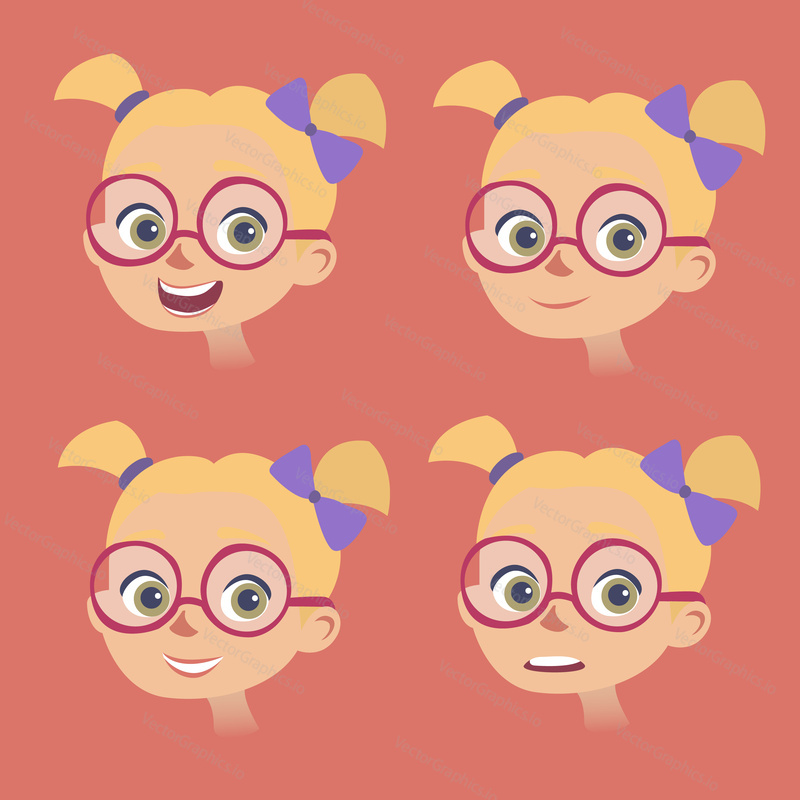 Vector set of little girls faces with different kinds of facial expressions. Laughing, smiling, calm, frightened faces. Girl in eyeglasses. Feelings and emotions concept design elements.