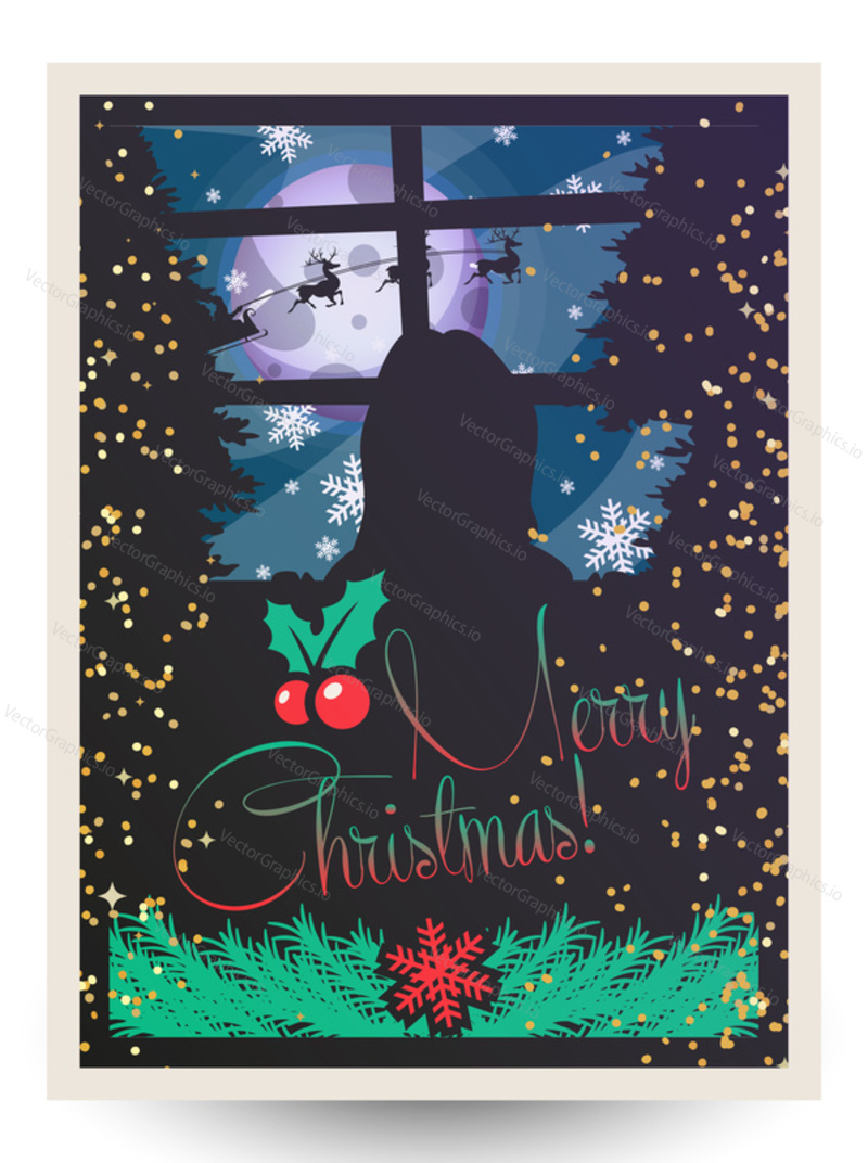 Vector illustration of Merry Christmas greeting card, poster with woman dreaming and looking at window, fir-trees, holly berries, snowflakes, lights, reindeers, Santa Claus. Merry Christmas lettering.
