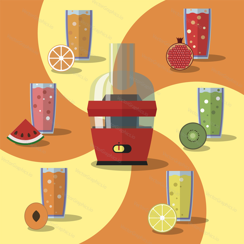 Векторная иллюстрация электрической соковыжималки и стакана апельсинового, арбузного, киви, персикового, лимонного, гранатового сока с кусочками фруктов. Дизайн в плоском стиле.