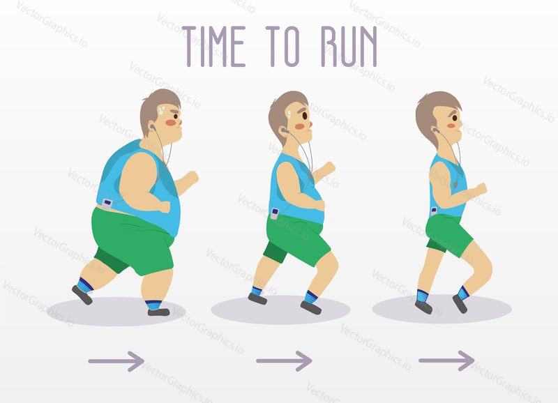 Fat man running to slim shape. Sport and fitness vector concept illustration.