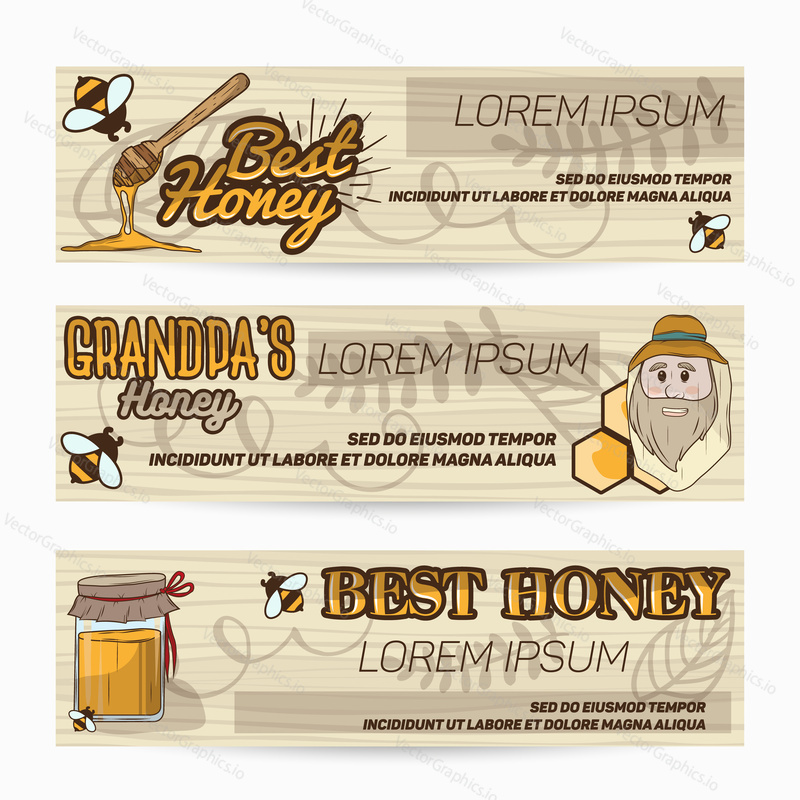 horizontal vertical and square banners presenting sweet natural honey with bees hive and wax cells vector illustration