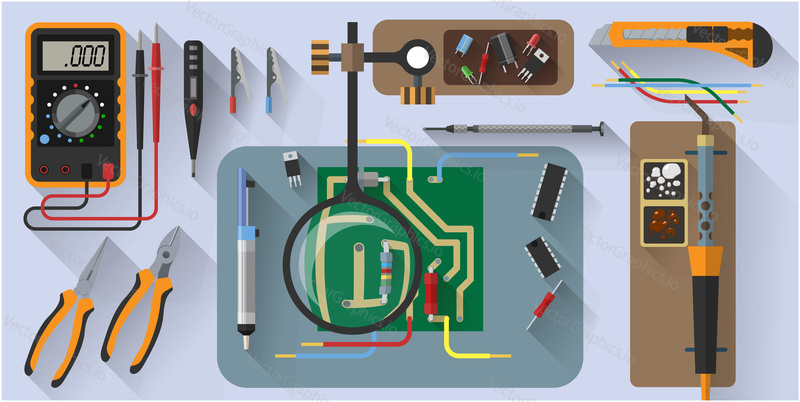 Vector tools set for soldering chips, circuits, motherboard. Flat style design elements.