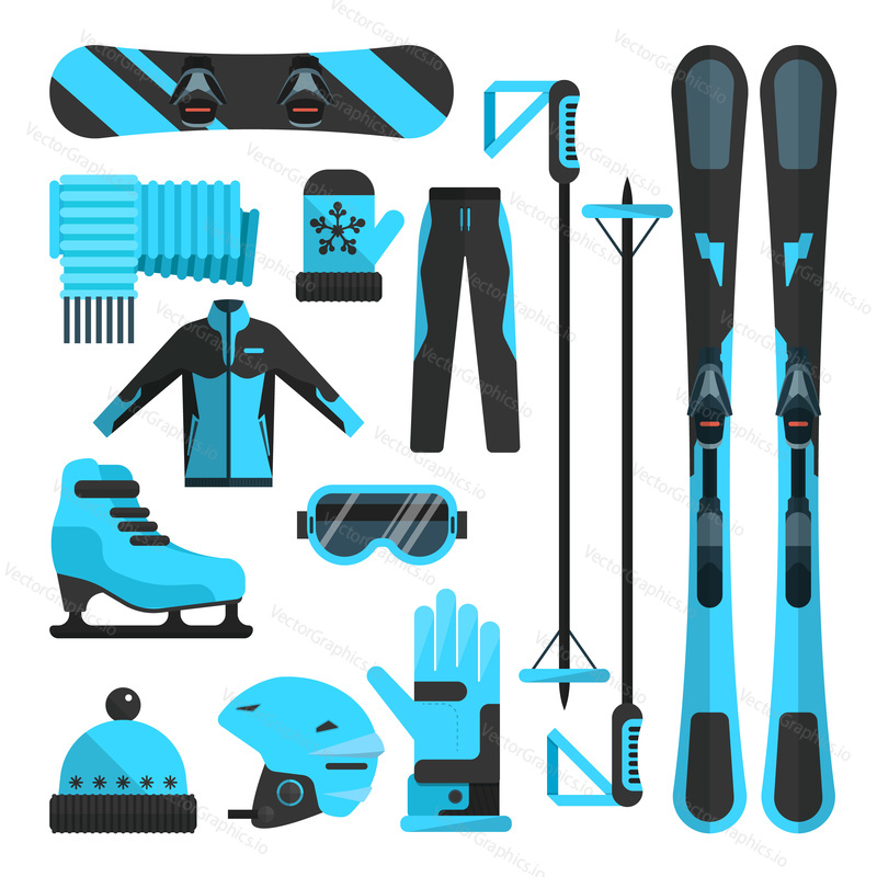 Vector set of winter sports flat icons. Skiing, skating and snowboarding outfit and ski resort equipment design elements isolated on white background.