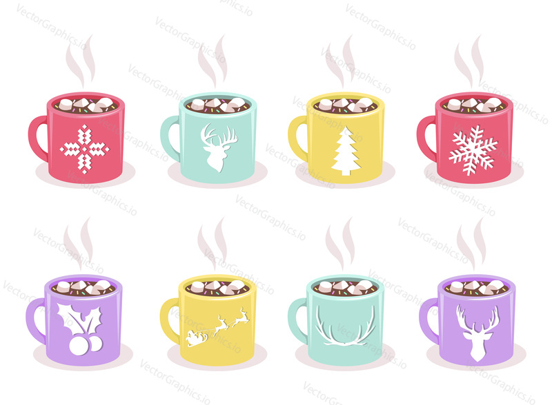 Vector set of color mugs with hot cocoa, marshmallow, winter holidays symbols, isolated on white background. Christmas and New Years design elements for cafe, coffee shop, greeting card, invitation.