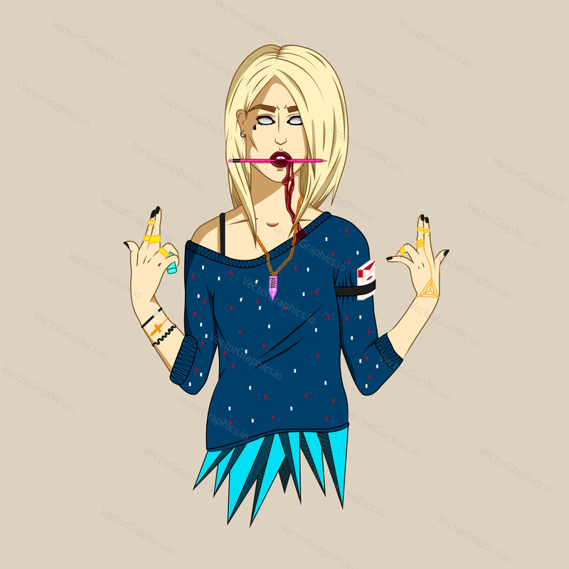 Young creepy girl with demonic eyes, bloody lips and heavy make up and jewelry. Horror style vector illustration.