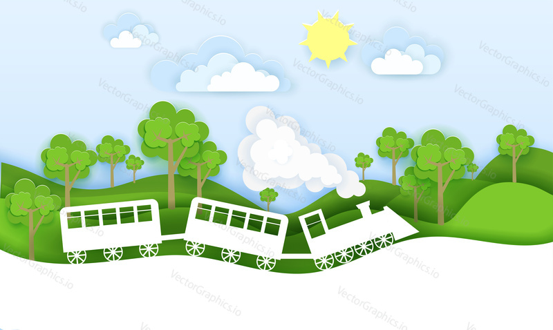 Train travels through forest vector illustration in paper art origami style. Travel concept paper cut design.
