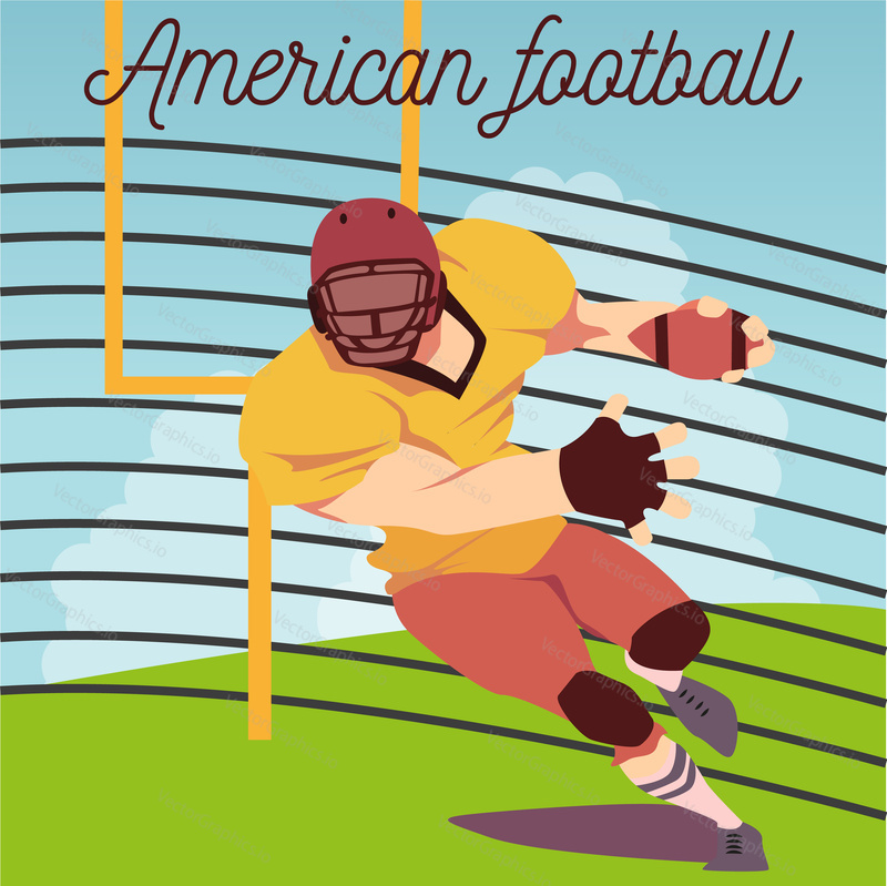 Vector illustration of american football player running with ball on field. Sport concept design element. Football uniform, helmet and protection. American football lettering.
