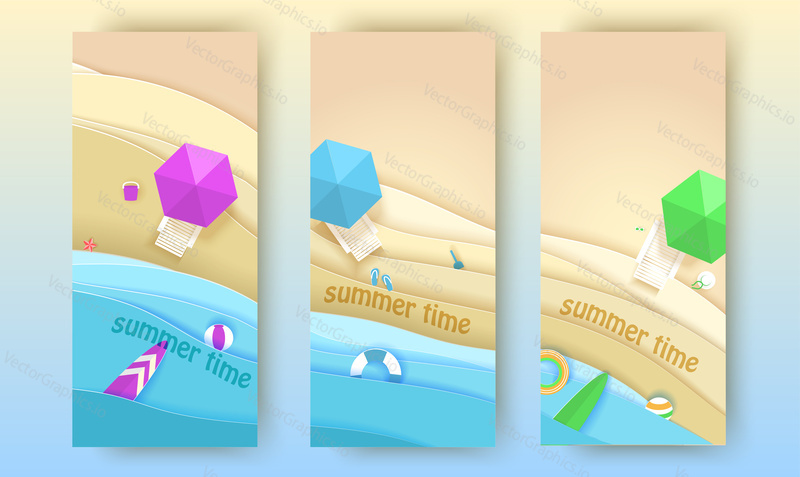 Tropical beach banners set in paper art style. Vector top view paper cut illustration. Summer holiday concept poster template. Craft origami