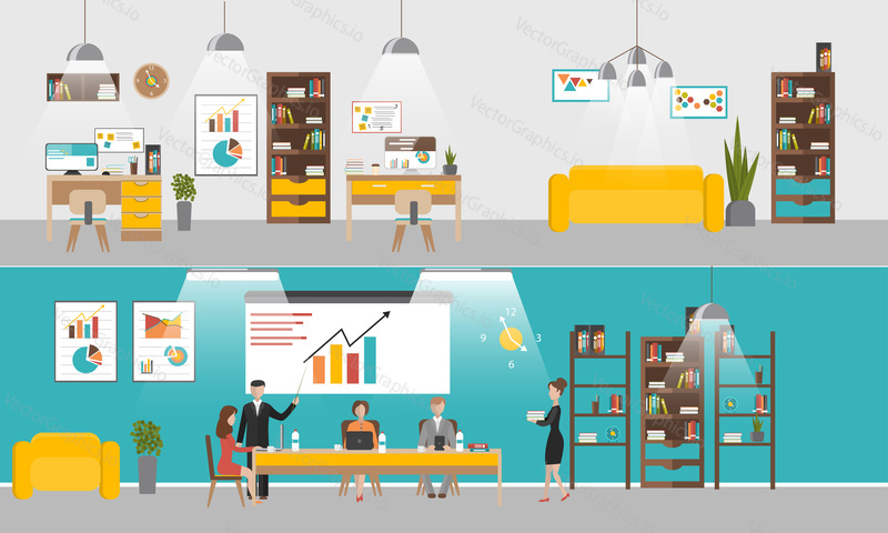 Vector set of office interior banners in flat style design. Business people and office workers. Company reception and presentation room.