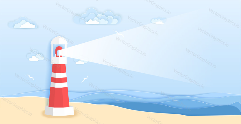 Lighthouse on sea beach in paper art style. Vector illustration origami paper cut design. Lighthouse beam with copy space