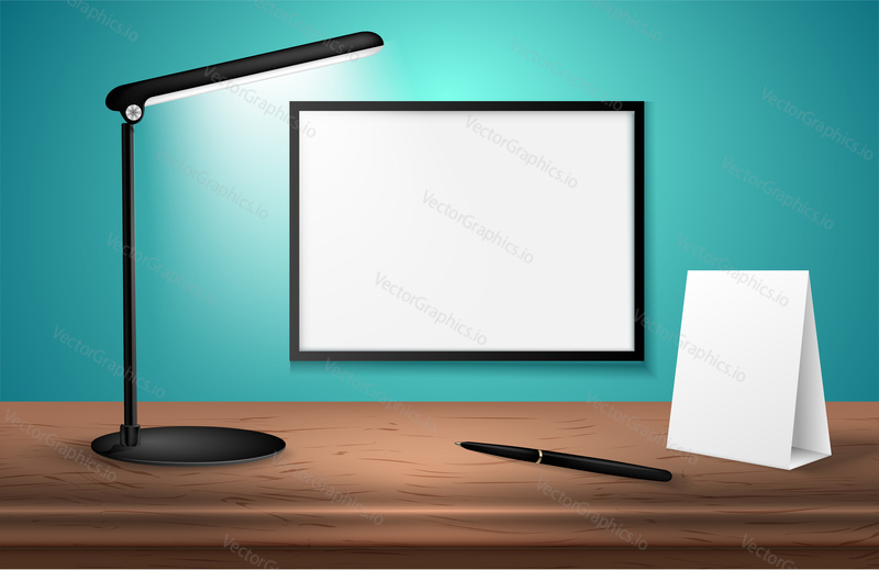 3d desk lamp on wooden table lights up empty posters on a wall. Vector illustration. Copy space for text template